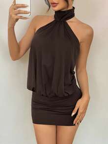 SHEIN PETITE High Neck Halter Backless Mini Dress,Party Dresses For Women - Brown - View 2