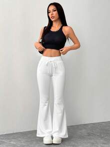 SHEIN PETITE Women's Casual Gray Knitted Elastic Waist Flared Sweatpants Wide Leg Sweatpants White Beach Pants Women White Pants White Sweat Pants White Flare Pants