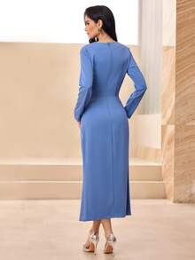 Modelyn Đầm dài ôm sát eo cổ xếp ly thời trang dành cho nữ - Màu xanh lam - Xem 2
