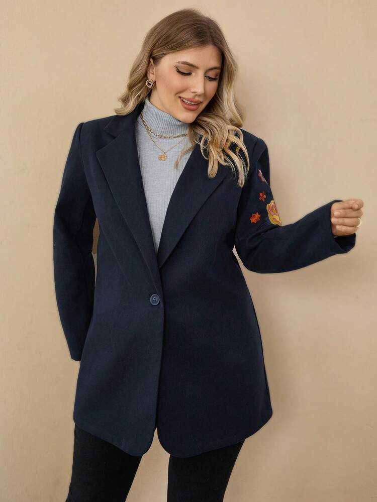 Plus Size Women Floral Embroidery Lapel Neck Long Sleeve Casual Blazer Winter Christmas New Year Blazer