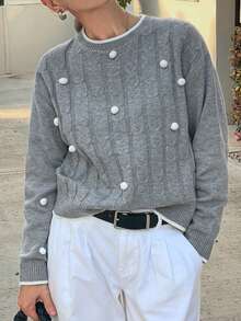 Vivie Lora Suéter de mujer con cuello redondo, parches y bolas de pelo en contraste de color - Gris - Ver 7