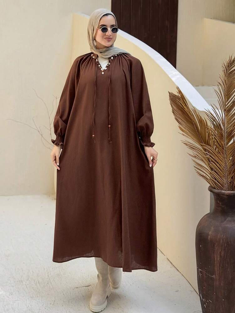 Solid Color Loose Fit Flare Sleeves Drawstring Beaded Tie-Up Casual Vacation Long Dress For Women, Fall Linen Long Sleeve Dress Maxi Dress