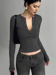 DAZY 女士半拉链长袖修身T恤