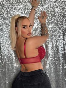 Sujetador con aros y push-up sexy con adornos de strass para mujer de talla grande - Burdeos - Ver 2
