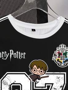 HARRY POTTER X SHEIN 女式休闲字母和卡通图案圆领短袖T恤，夏季 - 白色 - 查看 4