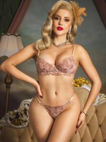 PinupPomp 2pcs Women Retro Blue Sexy Lingerie Set - Champagne - View 3