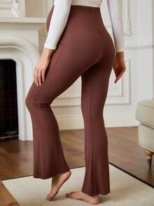 SHEIN Legging Casual de Cintura Alta Sólida, Cintura Elástica Slim para Gestantes - Castanho - Visão 2