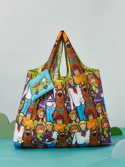 SCOOBY-DOO X SHEIN 1 Sacola de Compras Dobrável de Tecido de Poliéster com Impressão de Personagem de Desenho Animado Fofo, Bolsa de Ombro, com Pequena Bolsa de Armazenamento com Cordão de Contas, Pode Ser Pendurada na Bolsa, Cachorro, Ideias de Presente, Kawaii