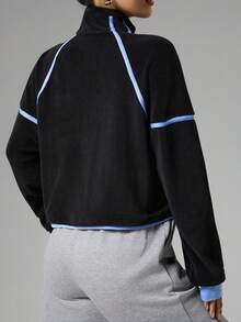 Dewbera Casual Versatile Colorblock Personalized Fleece Pocket Zipper Sweatshirt Fleece Sweatshirt Color Block Sweatshirt Half Zip Sweatshirt Blue Trim - Multicolor - View 3