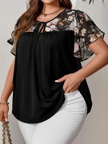 SHEIN CURVE+ 大码女式春季花卉印花系带黑色衬衫，夏季撞色