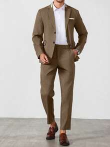 Manfinity Mode Men's Solid Color Patchwork Button Front Long Sleeve Jacket And Pants Set, Men's Solid Color Relaxed Lapel Blazer And Bias Pocket Pants Set - Brown - View 4