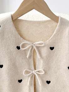 SHEIN Loose Casual Comfortable Round Neck Heart & Bowknot Cardigan For Teen Girls Cozy Fall & Winter Styles - Apricot - View 4
