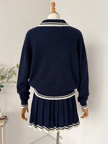 Muvela Women's Polo Neck Long Sleeve Wool Sweater, Retro College Style, Casual & Comfortable For Daily Wear, Back To School, Afternoon Tea, Autumn