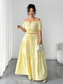 Elenzga Plus Size Women's Elegant Youthful Versatile Fitted Puff Sleeve Bow Waist Flared Hem 2-Piece Skirt Set, Suitable For Vacation, Casual, Commute, Date