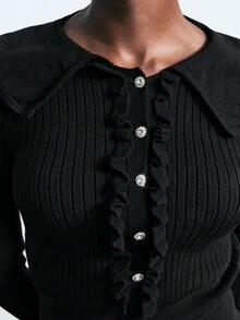 Maija Women's Solid Color Button Design Ruffle Hem Long Sleeve Cropped Sweater Fitted Tops Black Tops Ruffle Tops,Business Casual In Fall/Winter