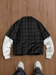 SWAVVY 男士格子长袖二合一衬衫，适合秋季穿着 - 黑色 - 查看 2