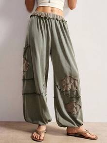 Bohemela Damen Loose Fit Casual Patchwork Washed Knit Pants Boho Pants Flower Pants Loose Pants