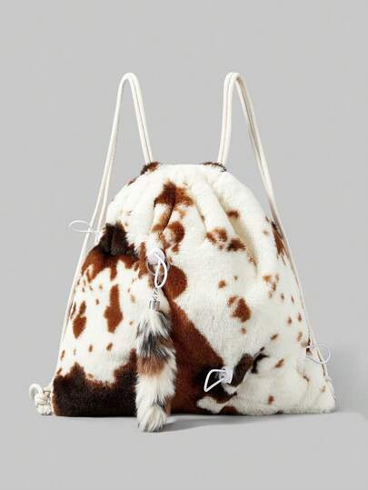 Goth 1 pieza Cola de animal de peluche con estampado de vaca minimalista y elegante en color marrón, adecuado para mochilas, universidad, compras, transporte, deportes, viajes