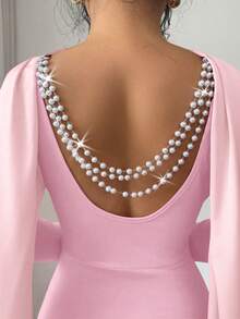 Elenzga 缎带、露背、珍珠装饰、多层链条、灯笼袖、收腰、鱼尾裙摆、开衩、弹力面料、紧身、派对、节日、优雅、性感、长裙 - 粉色 - 查看 5