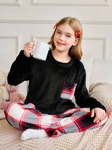 SHEIN 2pcs Girls Flannel Plaid Print Pajama Set, Long Sleeve Top And Pants
