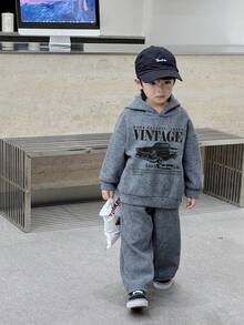 SHEIN 2 件套年轻男童休闲街头时尚韩版雪花连帽运动衫和纯色松紧腰运动裤套装，适合返校、生日、迎婴派对、节日派对、秋冬季 - 彩色 - 查看 4