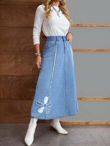 EMERY ROSE 女士高腰带口袋毛边花卉贴花休闲牛仔A字裙