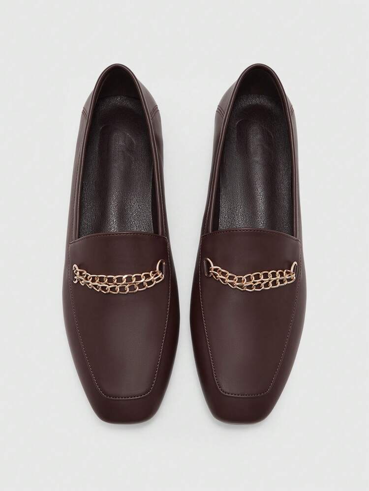 CUCCOO BIZCHIC Women's Square Toe Flat Low Heel New Coffee Color Metal Chain Comfortable Versatile Slip-On Loafers, Coffee Color Women's Flat Casual Shoes, Lightweight For Commuting For Christmas