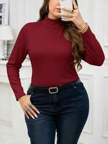 SHEIN Clasi Plus Size Women Thermal Lined Long Sleeve T-Shirt, Autumn/Winter - Red - View 4