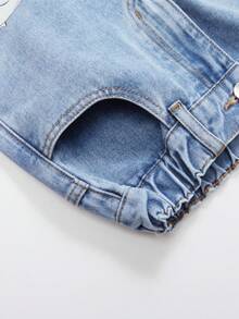 SHEIN 女童时尚可爱卡通动物印花水洗浅蓝色宽松松紧腰牛仔裤 - 淺色水洗藍 - 查看 4