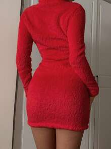 SHEIN EZwear 女士红色毛绒高领紧身圣诞连衣裙 - 紅色 - 查看 2