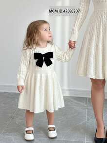 SHEIN Vestido de punto informal para bebé niña con decoración de lazo, otoño/invierno - Blanco - Ver 6