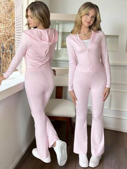 SHEIN Sparklyn TonårsflickaLedig Grundläggande Sport Yoga Dagligen Hemma Huvad Jacka + Utsvängda Byxor Stickad Kostym, Höst/Vinter