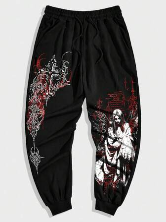 Goth Men's Drawstring Waist Cross Print Tapered Leg Sweatpants, Dark Style