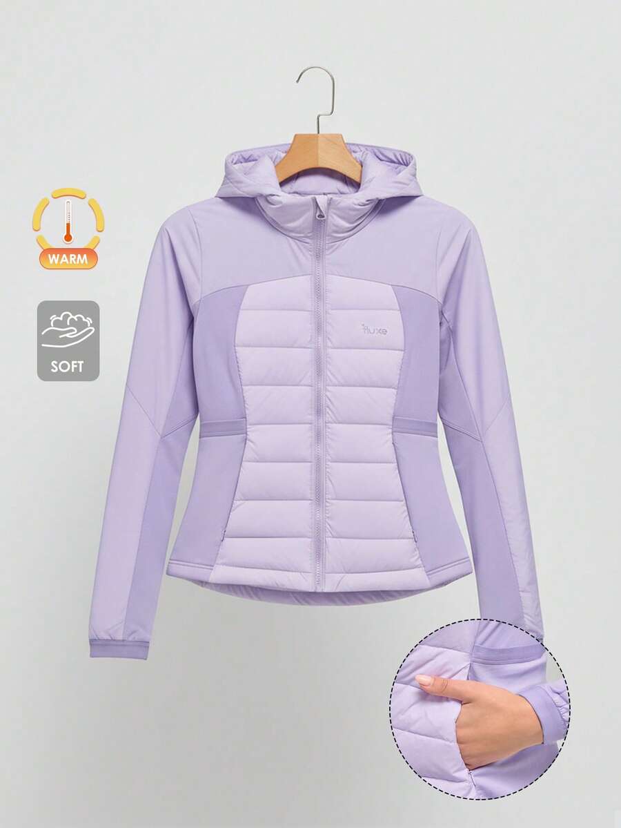 SHEIN Unity 女士休闲拼布连帽夹克,秋冬 - 紫色 - 查看 1