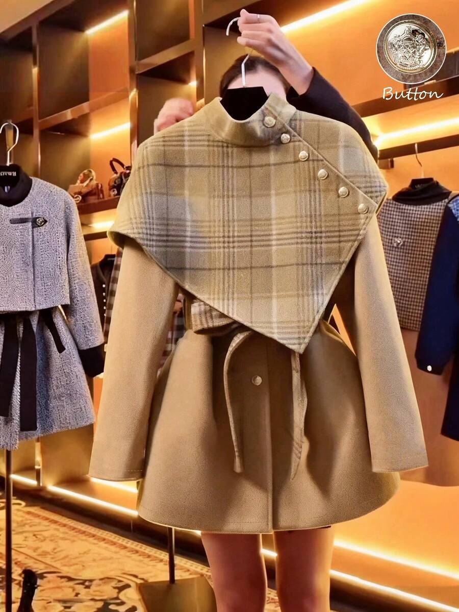 GlowEve Women's Single-Breasted Plaid Woolen Cloak, Elegant Casual Street Style Everyday Commute Business Romantic Date Party Christmas, Camel Color Midi Coat For Autumn/Winter