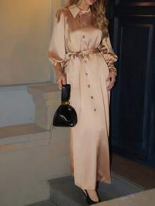 Elyressa 女士纯色通勤优雅都市灯笼袖长袖衬衫裙 - 香檳色 - 查看 1