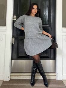 NegzBox 2 件套女士休闲圆领刺绣纯色 A 字形百褶裙和毛衣 - 灰色 - 查看 6