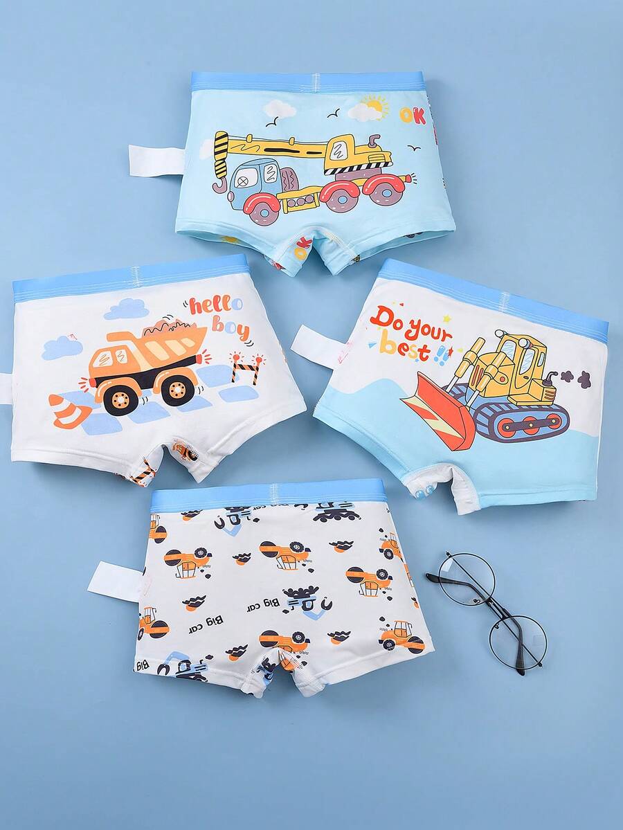 4条装 男童卡通汽车印花弹力腰带休闲平角内裤