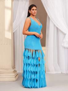 VOLUPTÉ CURVE Plus Size Summer Blue Knit V-Neck Sleeveless Layered Ruffle Fringe Deep Waist Backless Maxi Elegant Dress For Wedding, Party, Beach, Birthdays - Blue - View 8
