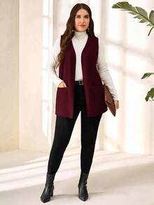 SHEIN PETITE CURVE Plus Size Solid Color Sleeveless Loose Pocket Simple Casual Coat,Spring/Summer,Vacation In Fall/Winter - Burgundy - View 3