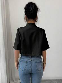 Selianne Blouse élégante pour femmes, couleur unie, avec ourlet plissé et nœud papillon - Noir - Voir 2