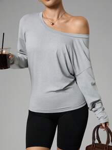 Dewbera Dewbera Women's Grey U-Neck Long Sleeve Fitted Casual Sports Yoga T-Shirt,Autumn Athleisure Pilates Upf Shirt,Daily Wear Work Tops Gym Blouse - Grey - View 4
