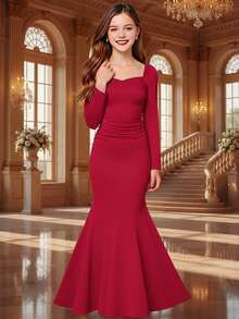 Sparklyn Teen GirlChristmas Party Long Sleeve Snug Fit Dress, Red - Burgundy - View 1