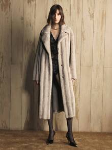 Arave Manteau long en tissu duveteux bleu sarcelle clair pour femmes, coupe ample, grand col à revers, design avec ceinture, élégant, col moelleux, veste de mode moderne pour rendez-vous, fête de vacances - Gris pâle - Voir 4