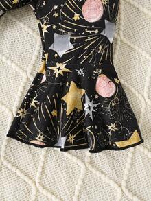 2pcs/Set Pakaian Bayi Perempuan, Bodysuit Lengan Panjang Berkerut Motif Kembang Api & Huruf Hitam Putih Lucu dan Celana Lebar, Pakaian Pesta Tahun Baru Musim Gugur - MultiWarna - View 6