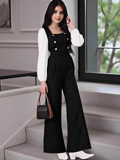 SHEIN Sparklyn Teen Girl Bubble Sleeve Fitted Jumpsuit With Decorative Multi-Button Colorblock Wide Leg Pants