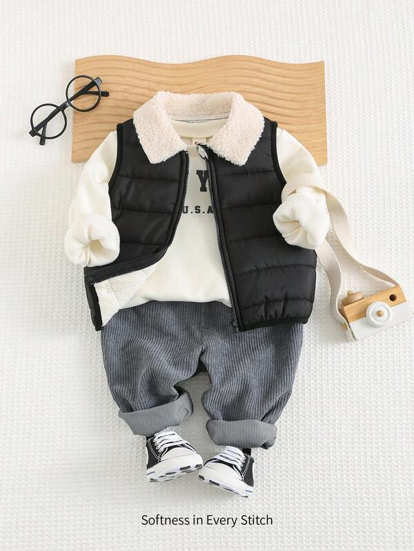 Cozy Pixies 3pcs Baby Boy Set: Letter Print Crewneck Sweatshirt, Thermal Lined, Sleeveless Vest, And Elastic Waist Joggers