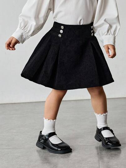 Maija Kids 少女黑色灯芯绒装饰纽扣褶裙