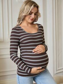 SHEIN Randig, figurnära, långärmad t-shirt för gravida, höst - Brun - Visa 7