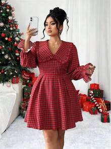 Elenzga Vintage French Style Christmas Red Plaid Ruffle Hem Babydoll Dress, Autumn/Winter - Red - View 8